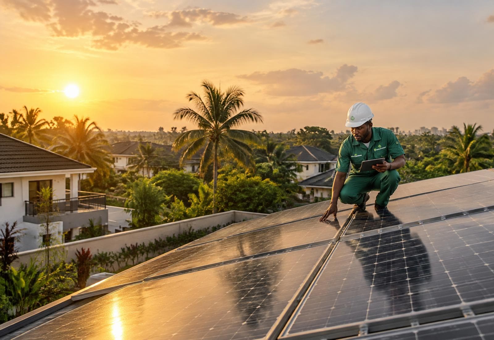 An installer checking solar panels on a Lagos roof at sunset